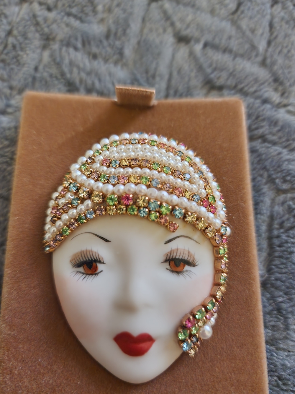 Multicolor Pearl & Crystal Art Deco Face Pin Brooch